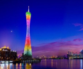 How is the facade lighting of Guangzhou East Tower created?